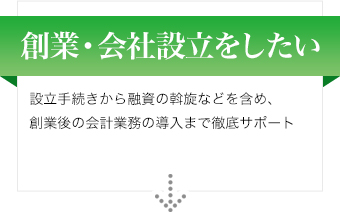 創業・会社設立をしたい 設立手続きから融資の斡旋などを含め、創業後の会計業務の導入まで徹底サポート